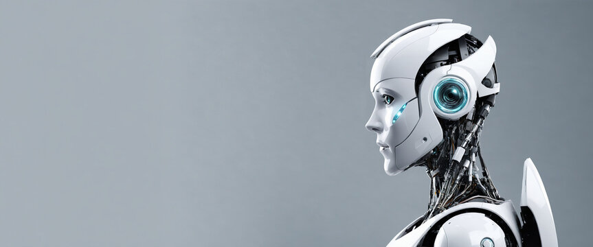 A robot with a human-like face, isolated on a white background. Android profile head with a face that resembles a woman. Wide futuristic sci-fi setting banner with copy space for text.