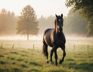 Black horse in the sundown light at foggy morning