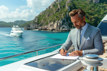 An elegantly dressed man signs documents on a yacht with the sea and another yacht in the...