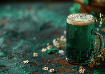 St. Patrick's Day background with clover on a green background and a mug of green ale