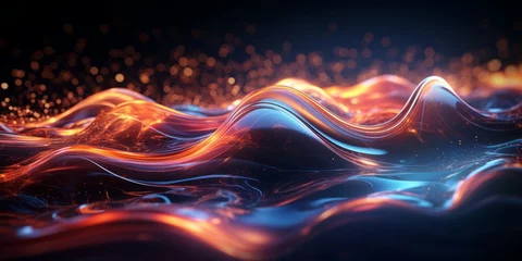 Fototapeten Abstract glowing waves and lighting particles with black background © toomi123
