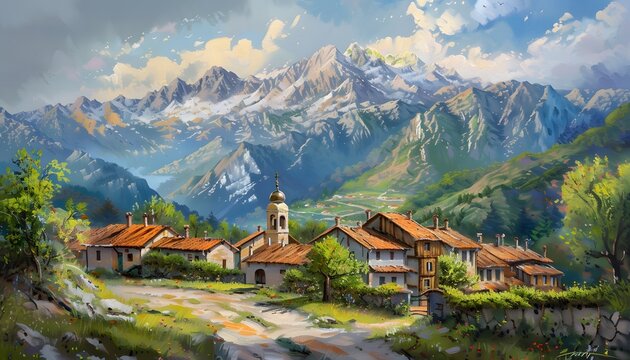 Village house with Mountain view, fantasy style, painting style, generated by AI