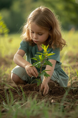 A child with a determined expression, planting a tree, symbolizing hope and responsibility towards a greener future.