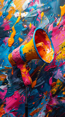 Vibrant creativity and communication concept with a colorful megaphone amidst splashing paint on an abstract dynamic background symbolizing expression