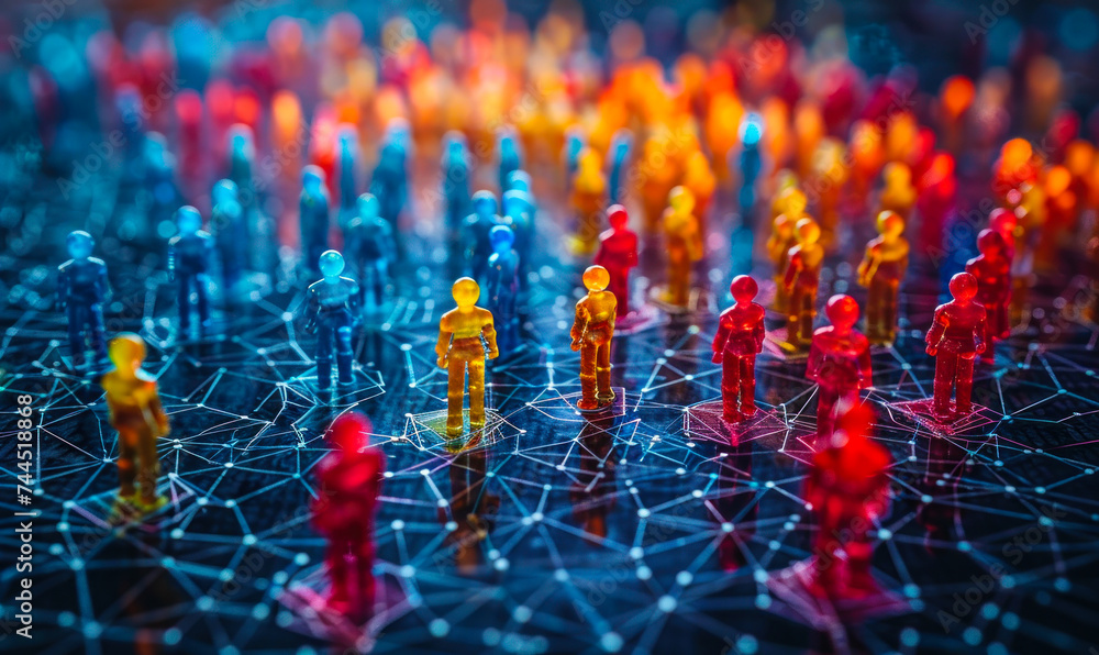 Poster colorful figurines connected by lines on a network grid illustrating concepts of social networking, 