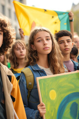 A group of diverse teenagers, holding banners for environmental change, showing unity and fervor in a public demonstration.