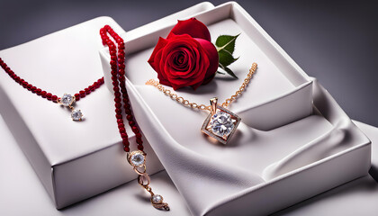 Two white fine velour kits of luxury diamond jewelry with fresh red rose