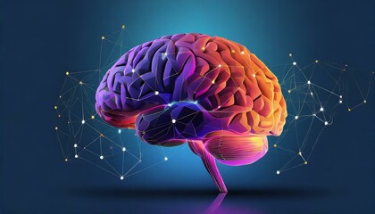 Abstract multicolored low-poly artwork of the side view of the human brain with lights on