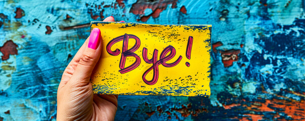 Handwritten Bye! farewell message on a yellow sticky note with pink marker, symbolizing parting, goodbyes, end of communication, or leaving