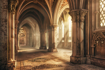 Ornate Gothic arches background with intricate stone carvings. - obrazy, fototapety, plakaty