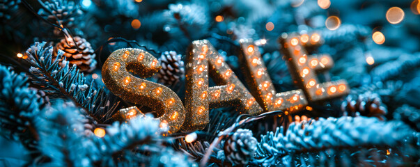 Sparkling holiday sale concept with glittery letters on a festive blue backdrop, surrounded by Christmas tree branches and twinkling lights - obrazy, fototapety, plakaty
