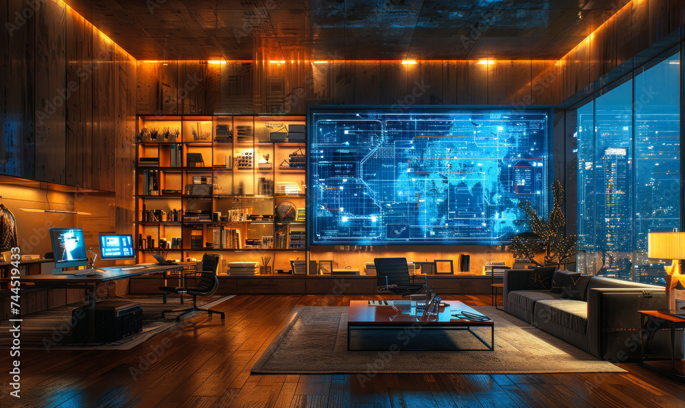 Poster futuristic concept room with holographic projection of technical blueprints and schematics across an