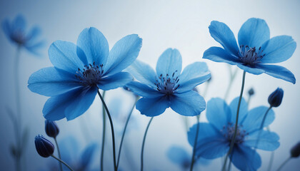 A bunch of blue flowers set against a soft textured background in varying shades of blue and the play of light and shadow creates an abstract design imbuing the image with a sense of mystery and calmn