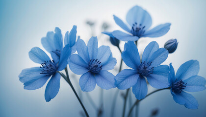 Fototapeta na wymiar A bunch of blue flowers set against a soft textured background in varying shades of blue and the play of light and shadow creates an abstract design imbuing the image with a sense of mystery and calmn