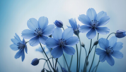 A bunch of blue flowers set against a soft textured background in varying shades of blue and the play of light and shadow creates an abstract design imbuing the image with a sense of mystery and calmn