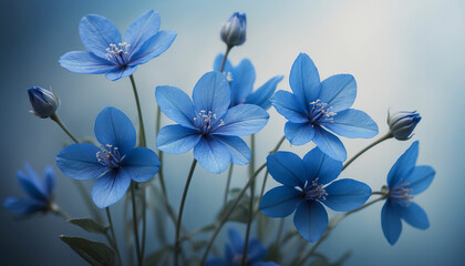 A bunch of blue flowers set against a soft textured background in varying shades of blue and the play of light and shadow creates an abstract design imbuing the image with a sense of mystery and calmn