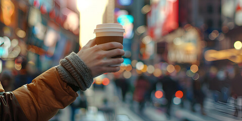 Mockup of a hand holding a Coffee paper cup with Female holding a reusable takeaway cup on the city background close up photo focused on hands Plastic free and ceramic mug.