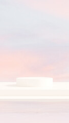 3D render of a round podium against a backdrop of clear water with a light pink hue in portrait