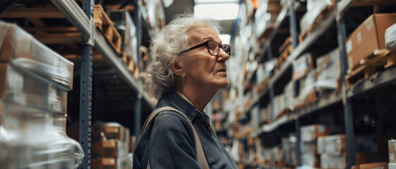 Elderly woman in contemplation amid the towering aisles of a warehouse store, embodying years of wisdom. - obrazy, fototapety, plakaty