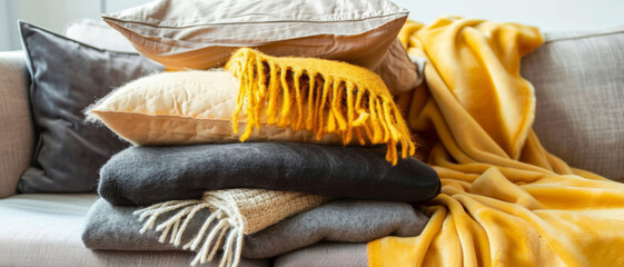 Cozy home atmosphere with a pile of soft cushions and warm throw blanket on a comfortable couch.