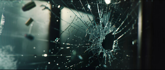 Bullet holes in glass window, a chilling depiction of violence or accident. - obrazy, fototapety, plakaty