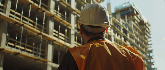 Construction worker overlooks site, embodying progress and determination.