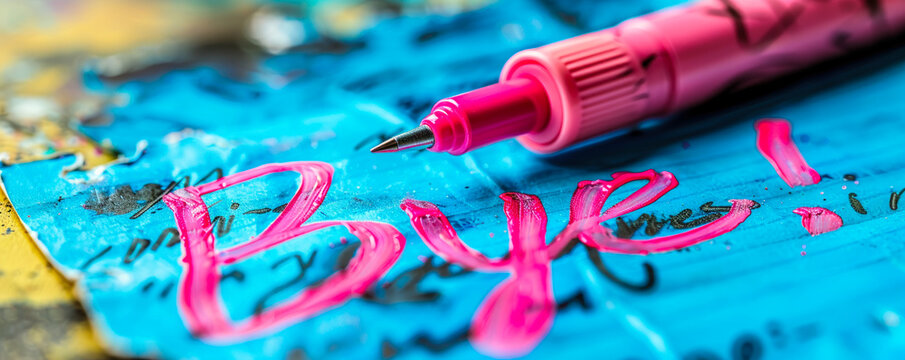 Handwritten Bye! farewell message on a yellow sticky note with pink marker, symbolizing parting, goodbyes, end of communication, or leaving