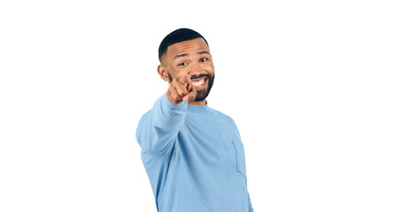 Man, choice and pointing at you, portrait with offer or opportunity, selection and isolated on transparent png background. Decision to join us, sign up or invitation, direction and call to attention