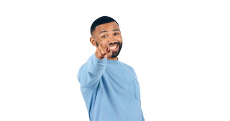 Man, choice and pointing at you, portrait with offer or opportunity, selection and isolated on transparent png background. Decision to join us, sign up or invitation, direction and call to attention
