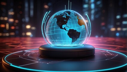 3D Render of a Wireless Device with Glowing Globe and Neon Virtual Networks