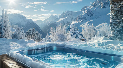 Winter Wonderland Retreat: Hot Tub and Spa Oasis Nestled Near a Snow-Covered Mountain and Forest