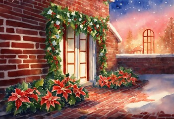 Fototapeta na wymiar Watercolor storybook Christmas floral ground cascading garland bursting out from a haphazardly laid brick wall. Dropping paint from flowers.white pink and red Poinsettias. Mistletoe. Holly berries. So