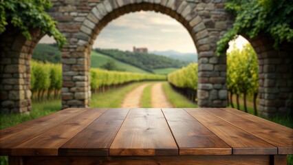 Empty wooden table overlooking vineyard in the background