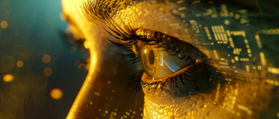 Close-up of a human eye overlaid with digital code, symbolizing technology merging with humanity.