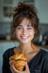 A beautiful smiling girl eats a tasty croissant - 744520225