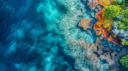 Cercles muraux Récifs coralliens Aerial view of a coral reef in crystal clear waters.