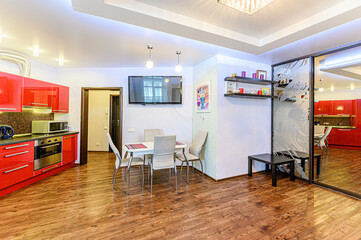 interior kitchen and dining room, refectory area, cooking equipment, table furniture, stove