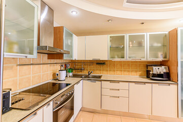 interior kitchen and dining room, refectory area, cooking equipment, table furniture, stove