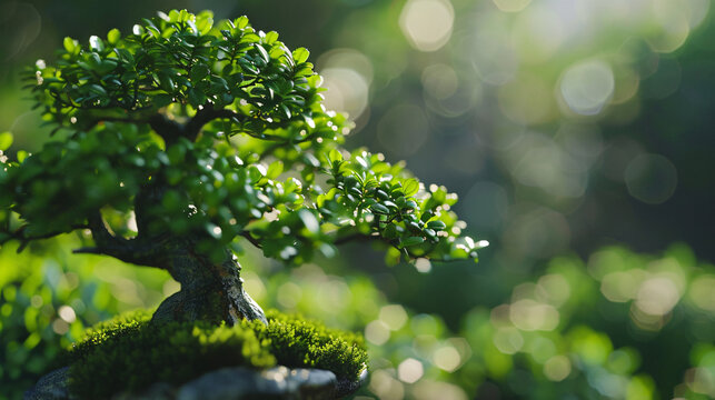 images of Boxwood bonsai trees. Utilize cinematic framing to capture the delicate details of miniature landscapes,