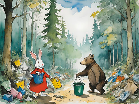 Cartoon rabbit and bear collect trash in the forest for the environment.