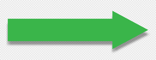 A green arrow with a shadow on a transparent background indicates the direction of movement. Arrow icon, pointer, road sign. Vector EPS 10. © Helga1