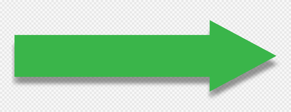 A green arrow with a shadow on a transparent background indicates the direction of movement. Arrow icon, pointer, road sign. Vector EPS 10.
