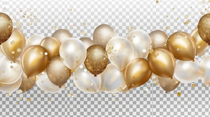 Gold, silver and white balloons with confetti on transparent background. Vector illustration.