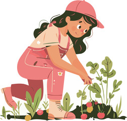 Flat vector illustration of a farmer girl with gardening tools and agricultural crops