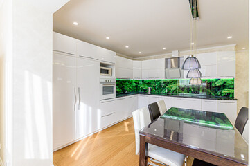 interior kitchen and dining room, refectory area, cooking equipment, table furniture, stove