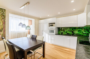 interior kitchen and dining room, refectory area, cooking equipment, table furniture, stove
