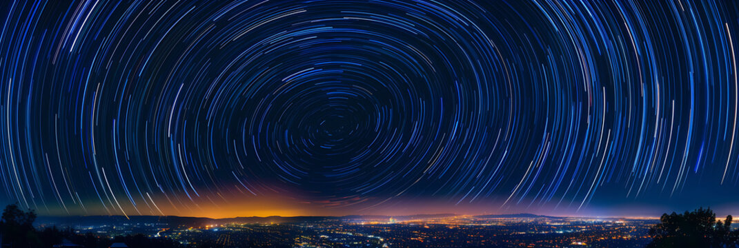 A long exposure photo of a night sky filled with stars, with city lights twinkling below, resembling a cosmic picnic blanket.