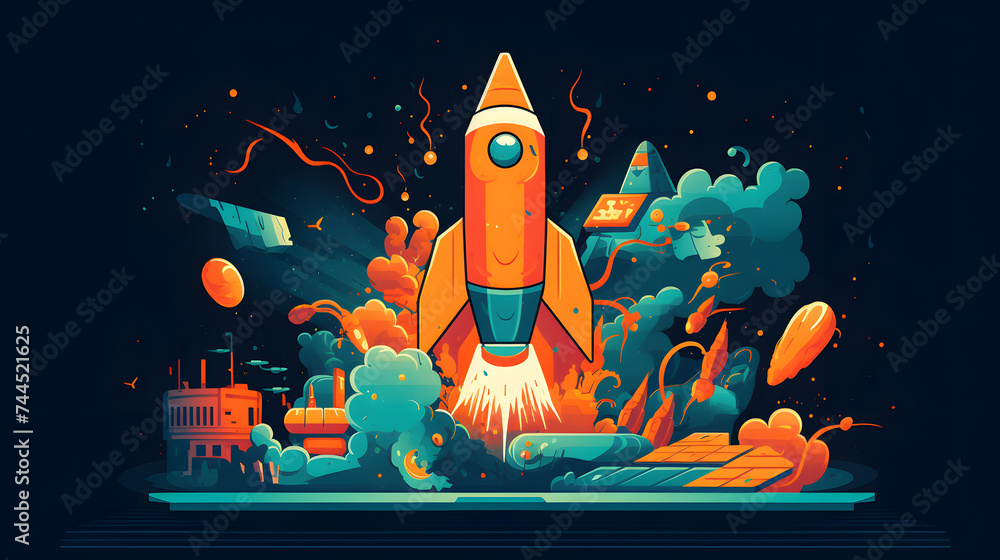 Poster explosion of the new ecommerce program with an open laptop and rocket ship flying over it – photo