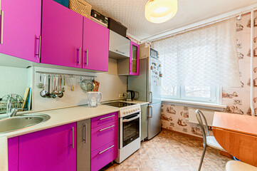 interior kitchen and dining room, refectory area, cooking equipment, table furniture, stove
