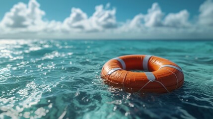 Life preserver floating in the ocean under a clear blue sky, providing safety and reassurance in the vast sea